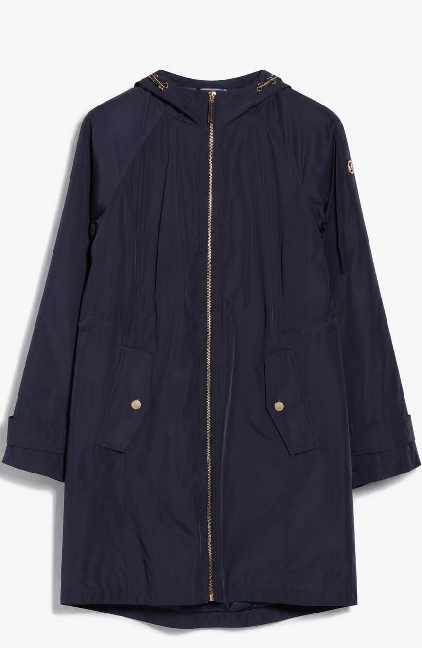 NWT MICHAEL Michael Kors Women’s XL 16 Navy Long Hooded Rain Coat Gold Zip